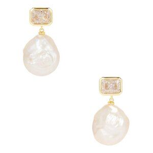 SHASHI Emerald Baguette Cleo Earring in Gold & Pearl 14K diamond dangle